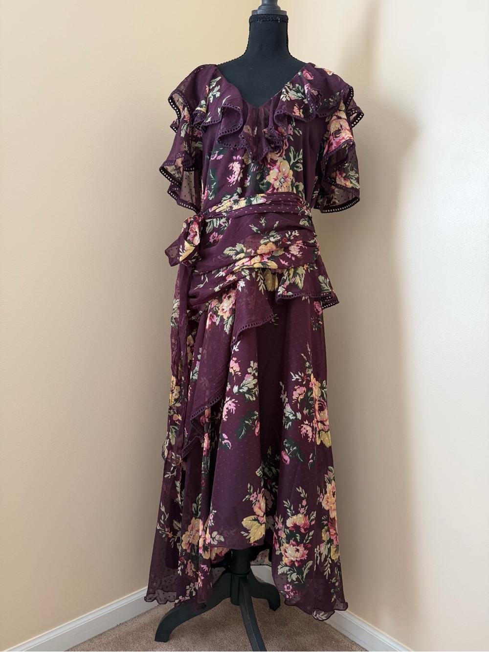 ASOS Ladies Floral Ruffle Maxi Dress in Plum Floral - Picture 1 of 5